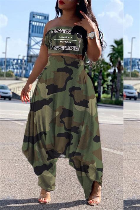 Lovely Trensy Camouflage Printed Army Green Two Piece Pants Set Camouflage Fashion Print Pant