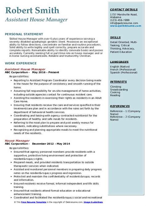 Our comprehensive cv examples are expertly designed. House Manager Resume Samples | QwikResume