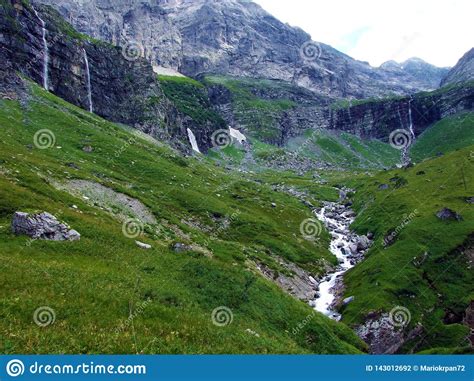 The Alpine Valley Of Im Loch At The Glarus Alps Mountain Range Stock
