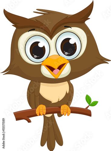 Cute Cartoon Owl Sitting On A Tree Branch Stock Image And Royalty