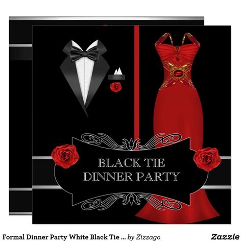 Formal Dinner Party White Black Tie Red 2b Invitation In 2021 Formal Party Themes