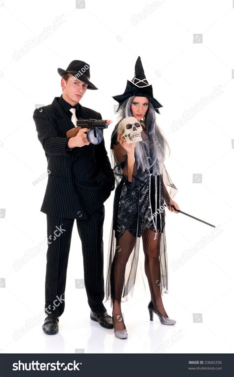 Attractive Young Halloween Couple Mafia Suit Stock Photo 53665336
