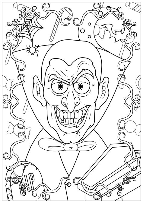 Monsters, mad scientists and candy, oh my! Vampire halloween - Halloween Adult Coloring Pages