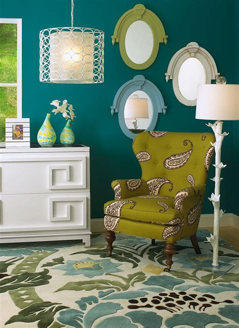 Dark Teal Walls Accented By Chartreuse Aqua And White Jewel Like And