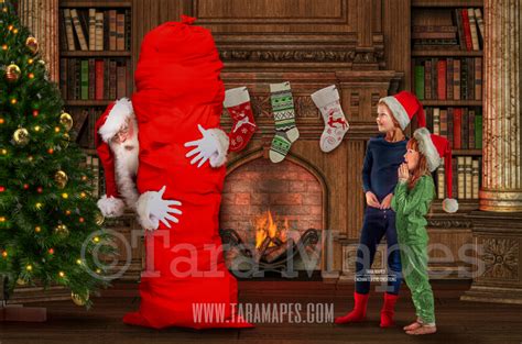 Santa With Big Bag By Christmas Tree Catching Santa Santa By