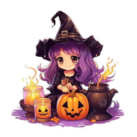 Cute Vector Kawaii Witch Making Potion In Halloween Night Illustration