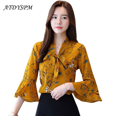women summer tops chiffon blouses shirts ladies floral printed feminine blouse flare sleeve