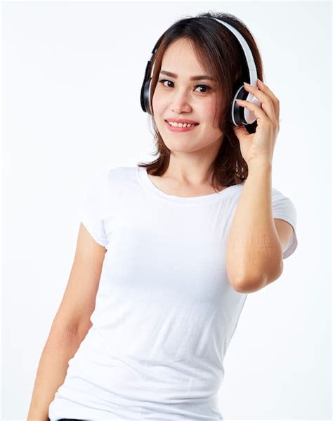 Premium Photo Woman Headphones Listening Music On White