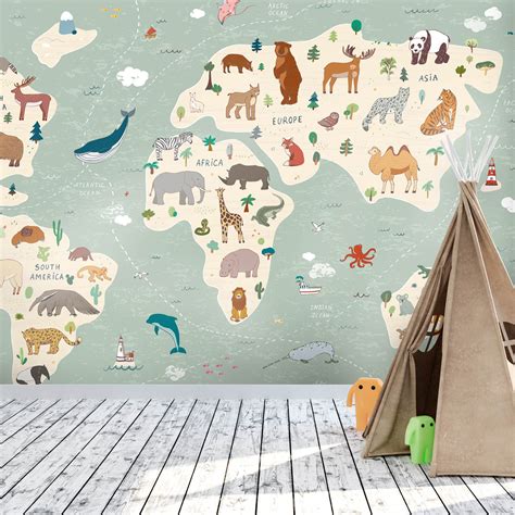World Map Wall Mural Childrens Wallpaper Animals Around The World