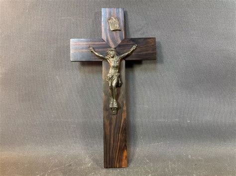 Ancien Grand Crucifix Croix En Bois Et J Sus En M Tal Vintage Eur