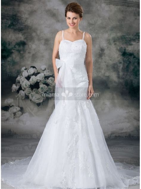 A Line Mermaid Spaghetti Straps Chapel Train Organza Sweetheart Wedding