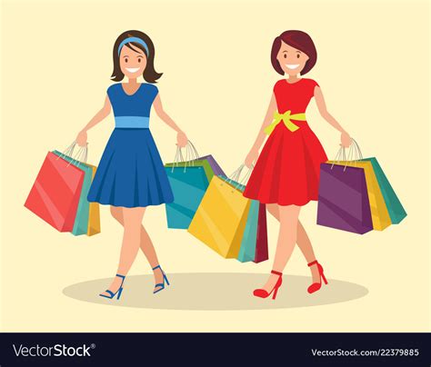 Two Happy Women Go Shopping Big Sale Royalty Free Vector