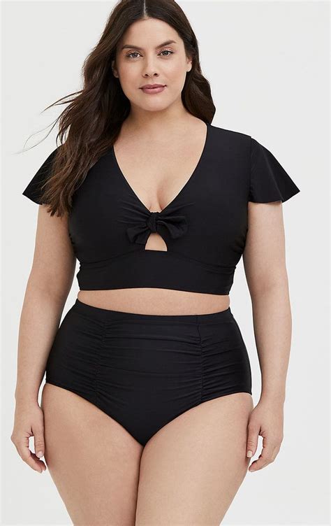 Black Knotted Front Lightly Lined Wireless Swim Crop Top Insyze