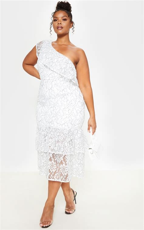 Plus White One Shoulder Lace Midaxi Dress Prettylittlething