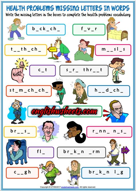 Learn illness and disease names with pictures and examples to improve and enhance your vocabulary in english. Health Problems Missing Letters In Words Exercise Worksheet | Material escolar en ingles ...