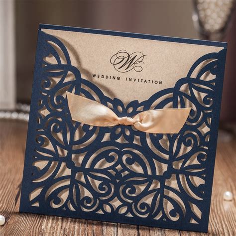 Doris Home Blue Square Laser Cut Wedding Invitation Cards Kit With