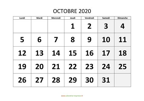 Calendrier Octobre 2020 à Imprimer