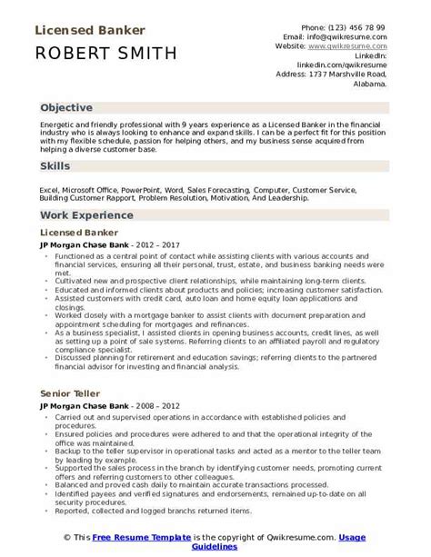Feb 22, 2021 · knowledgeable banker with more than seven years of experience in the industry. Licensed Banker Resume Samples | QwikResume