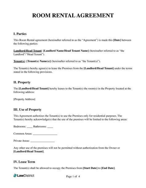 Free Room Rental Agreement PDF Template Word LawDistrict