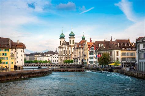 Beautiful Historic City Center Of Lucerne With Famous Buildings And Lake Lucerne In Canton Of