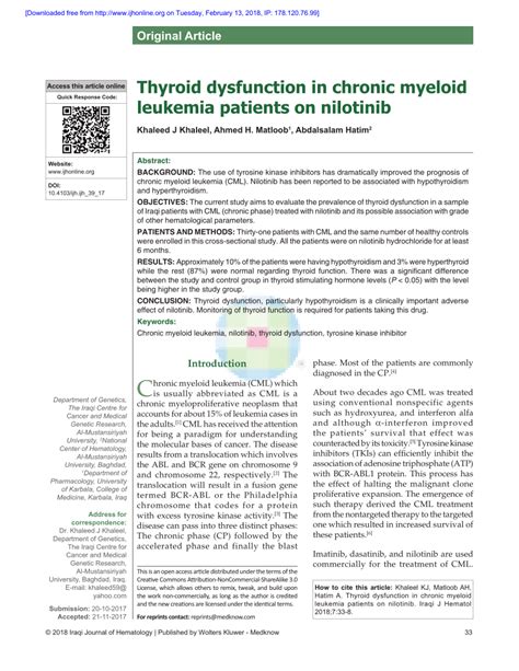 Pdf Thyroid Dysfunction In Chronic Myeloid Leukemia Patients On Nilotinib