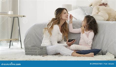 Mother Daughter And Makeup Or Brush With Happy For Bonding Cosmetics And Eyeshadow On Bedroom