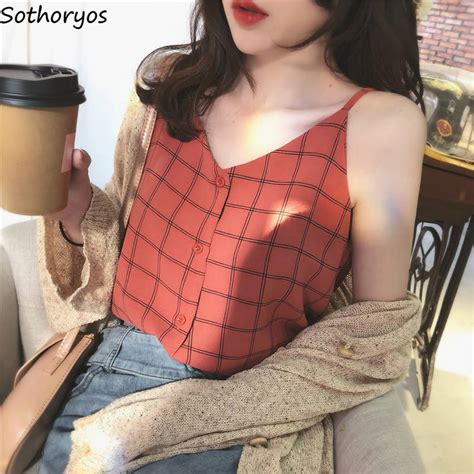Camisoles Women Chiffon Plaid Single Breasted V Neck Summer Casual Camis Korean Style Vintage