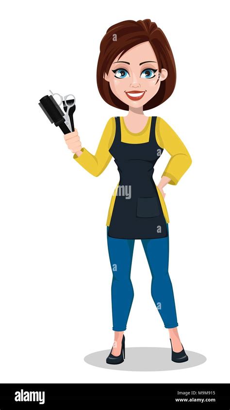 hairdresser woman in professional uniform beautiful lady stylist cartoon character holds comb