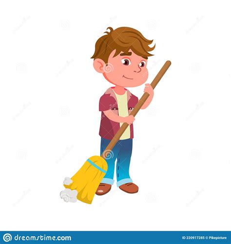 Small Boy Sweeping Floor From Dust Cartoon Vector Stock Vector