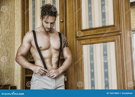 Man Standing Shirtless In Bedroom Stock Image Image Of Handsome Male