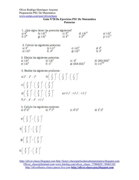 Gu A N De Ejercicios Psu De Matem Tica Potencias Pdf Descarga