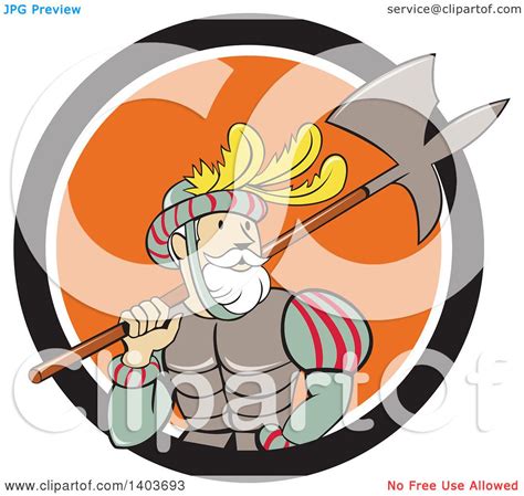 Clipart Of A Retro Cartoon Spanish Conquistador Carrying A Sword And Axe In A Black White And