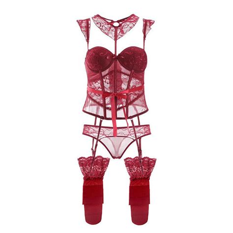 Sexy Corset Bustier Lingerie And Thongs Lace Bodysuit With Garter Belt
