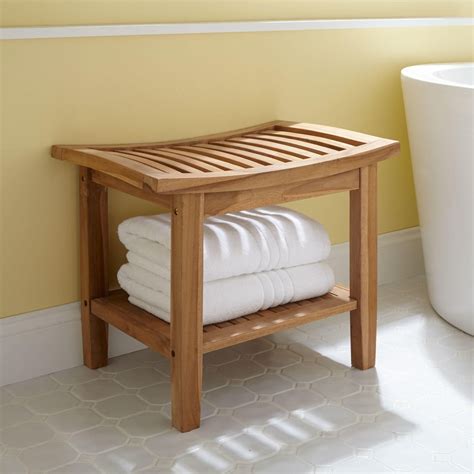 Bathroom Unpolished Teak Wood Bathroom Stool With Open Shelf Towel