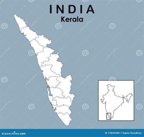 Kerala Map Vector Illustration Of District Map Of Kerala With Outline Border Stock Vector
