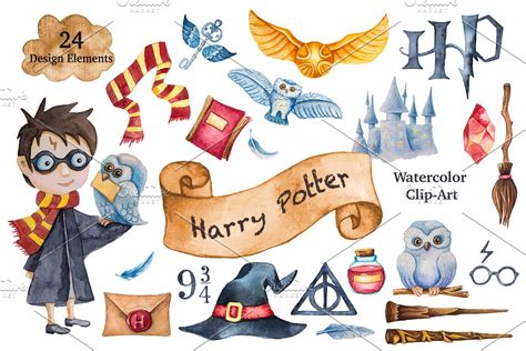 Harry Potter Watercolor Clip Art Custom Designed Illustrations
