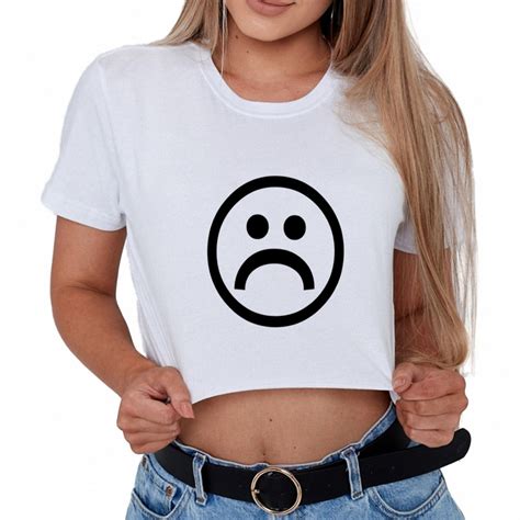 Summer Sad Expression Print Cut Loose Crop Top Aesthetic Womens Shirts