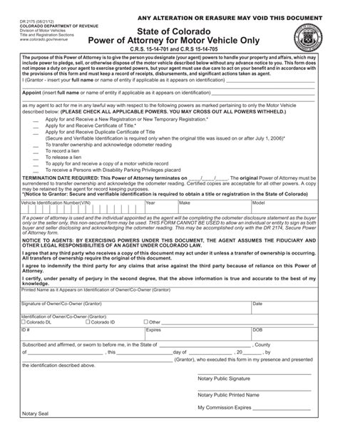 Free Colorado Motor Vehicle Power Of Attorney Form Dr 2175 Pdf