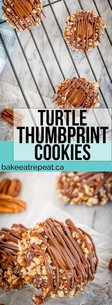 Turtle Thumbprint Cookies With Chocolate And Pecans On Top