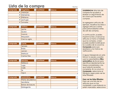 Lista De Compras Con Los Totales De Las Categoría