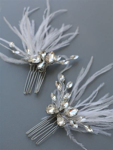 Feather Crystal Hair Piece Wedding Hair Pins Crystal Feather Etsy