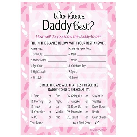 Before the event, you'll need to prepare bags with a letter outside. Who Knows Daddy Best Baby Shower Party Game - 20 Cards ...