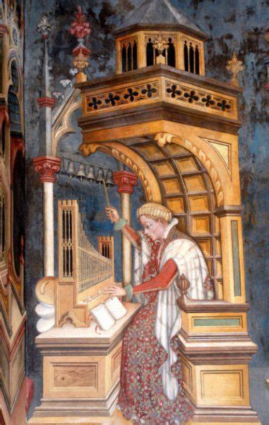 Illustration Showing A Musician Playing A Portative Organ With His Left