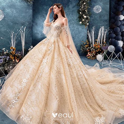 Luxury Gorgeous Champagne Wedding Dresses 2019 Ball Gown Off The