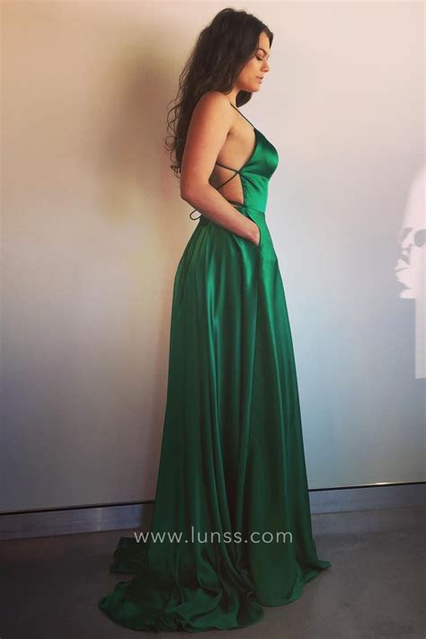 Emerald Satin Open Back Side Split Long Prom Dress