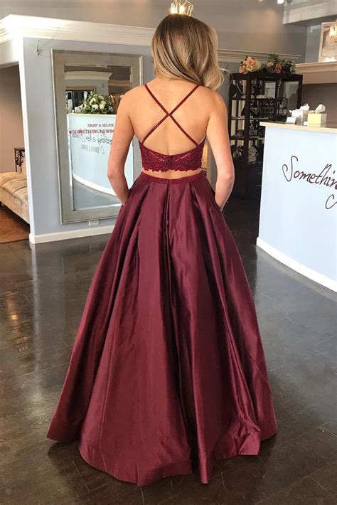 Two Pieces Lace Burgundy Long Prom Dress With Pocket Burgundy Lace Fo