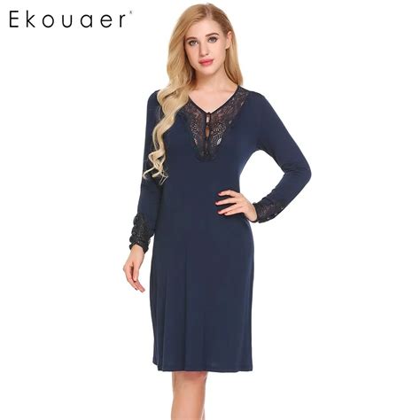 Ekouaer Women Sleepwear V Neck Long Side Slit Lace Patchwork Loose Night Dress Nightgown Female