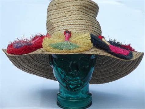Retro Vintage Straw Beach Bum Hat Wide Brimmed Hat W Worry Doll Flowers