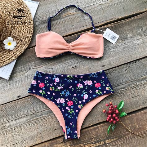 Cupshe Floral Print High Waist Bikini Set Women Reversible Heart Neck Halter Two Pieces Swimwear