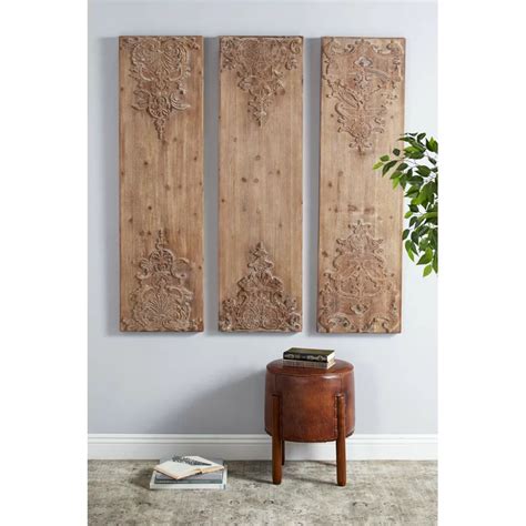 3 Piece Hand Carved Natural Wood Panels With Antique And Acanthus